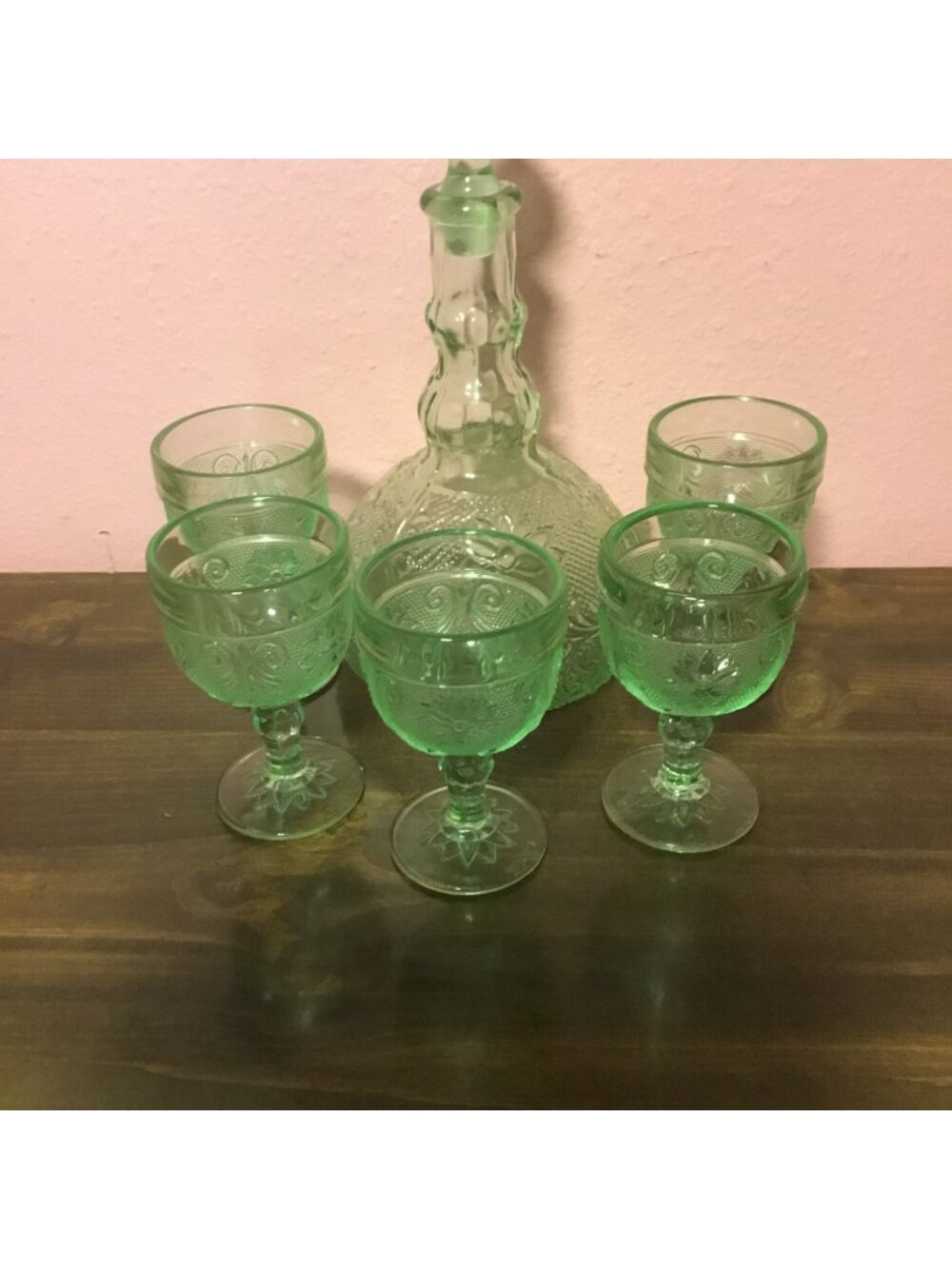 Vintage Indiana Glass Green Pressed Glass Decanter & 6 Matching Goblets
